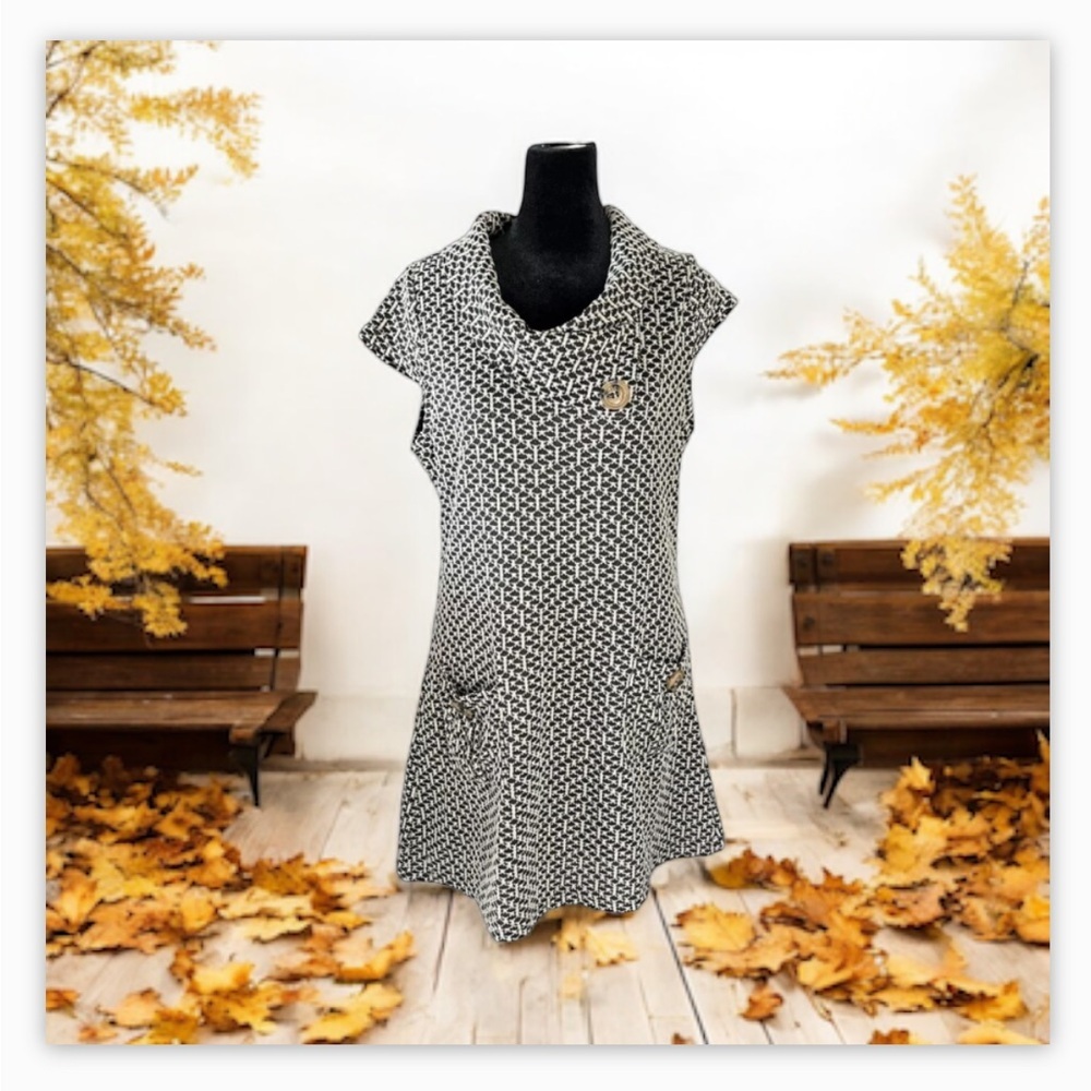 Papillon White /BLK Jacquard Tunic Dress -EUC-Sz-L -pockets-layer- lagenlook - Picture 1 of 13
